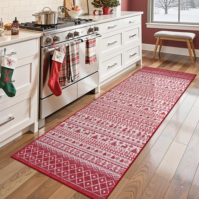 Christmas Runner Rug, 2x6 Red Christmas Kitchen Runner Rug, Non-Slip Washable Indoor Door Mat, Winter Xmas Holiday Floor Decor Carpet Runners for Hallways Bedroom Laundry Room