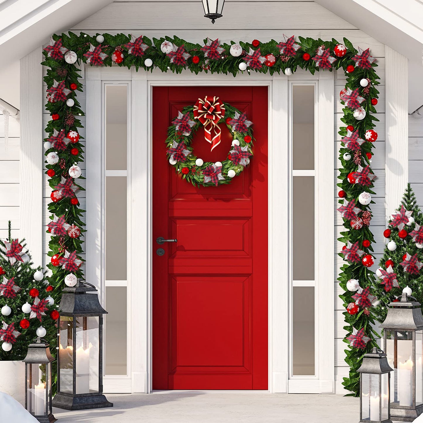 Chuangdi 12 Pcs Buffalo Plaid Poinsettias 6.7 Inches Christmas Tree Ornaments Burlap Artificial Xmas Flower Decor with Bells for Rustic Christmas Tree Wreath Garland Party(Red Black)