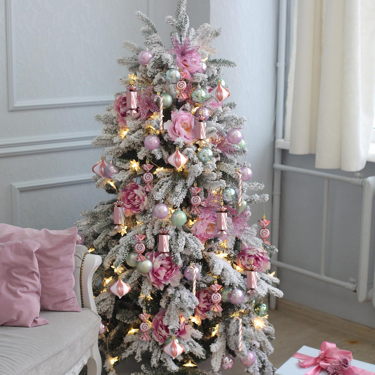 Aoriher 24 Pcs Christmas Candy Cane Ornament Pink Plastic Peppermint Candy Christmas Decorations Rose Gold Xmas Hanging Lollipop Pattern Decorations with Rope for Xmas Holiday Festival Decor