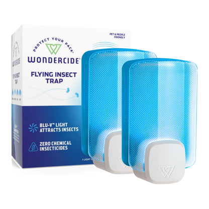 Wondercide - Flying Insect and Fly Trap - Indoor Bug Catcher for Fruit and House Flies, Gnats, Moths, and Mosquitoes - Starter Kit for Home and Kitchen - 2 Plug-in Lights and 2 Cartridges