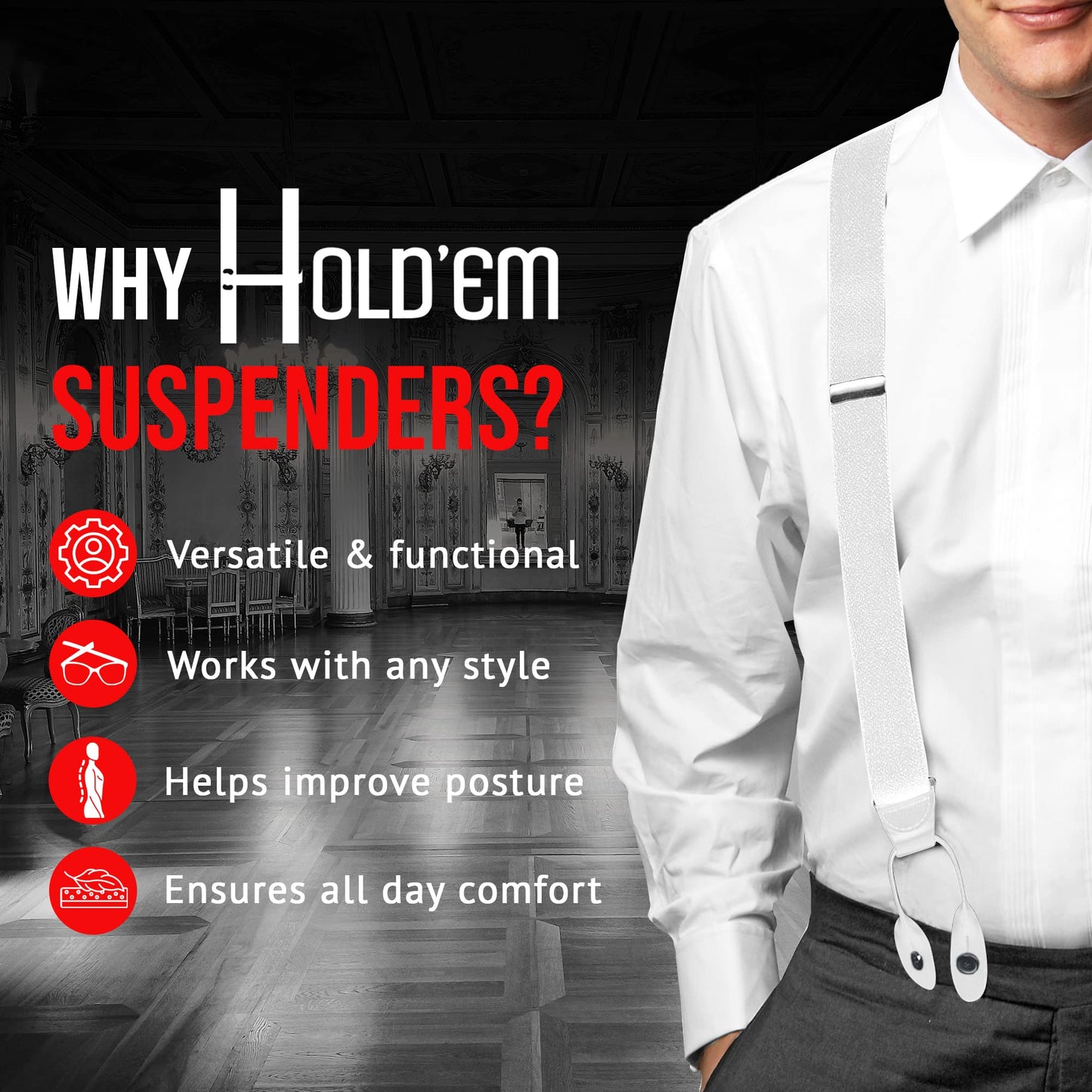 HOLD'EM Tuxedo Button Suspenders for Men – Black Mens Dress Suspenders | 100% Genuine Leather | Formal Daily Use | Made in USA | Regular 32–46" Tall 40–54" | White (Regular 46" Long)