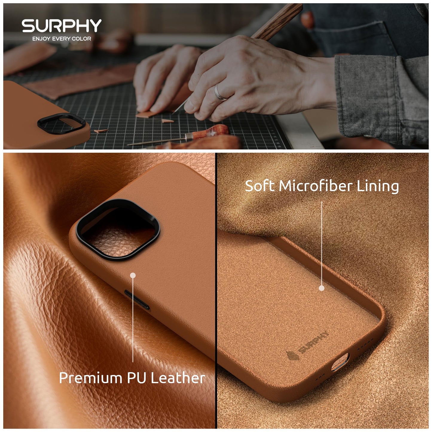 SURPHY Compatible with iPhone 13 Case, Premium Faux Leather Phone Case (with Metallic Buttons & Microfiber Lining) for 13 (6.1 inch 2021), Brown
