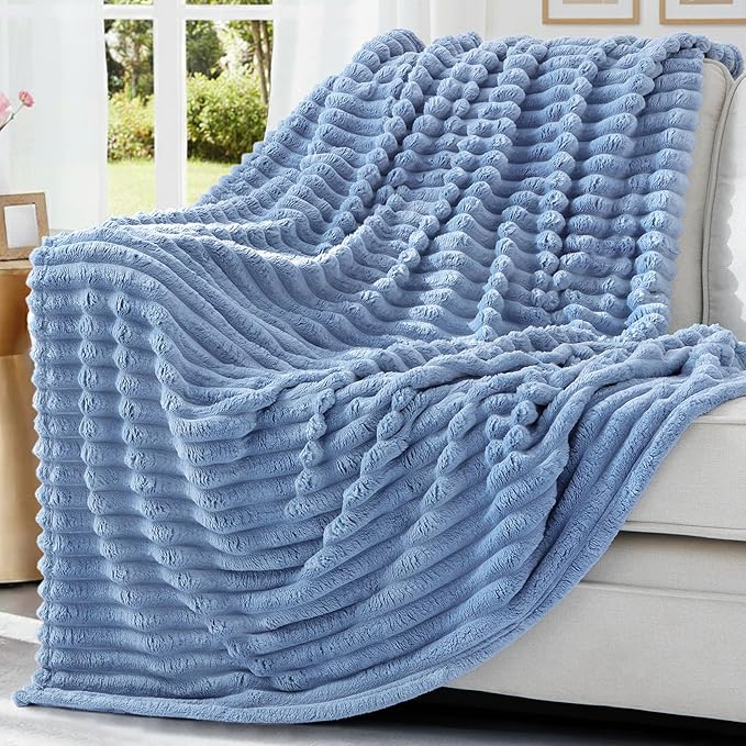 decorUhome Soft Fleece Blue Grey Blanket Queen Size for Bed, Cozy Fluffy Plush Flannel Large Striped Throws for Couch Sofa, Lightweight Decorative Fuzzy Blanket for Woman, 90x90 Inches