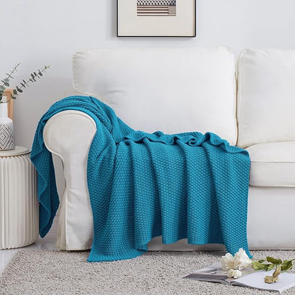 Longhui bedding Teal Knitted Throw Blanket for Couch, Soft, Cozy Machine Washable 100% Cotton Sofa Knit Blankets, Heavy 3.0lb Weight, 51 x 63 Inches, Teal Color.
