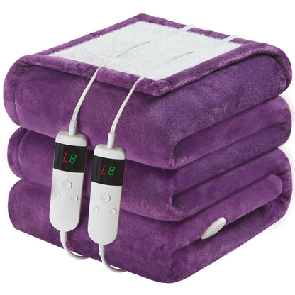 Electric Heated Blanket Queen Size 84''x90'' Soft Flannel & Sherpa Electric Blanket with 10 Heating Levels, Automatically Shut Down After 8h with Overheat Protection Machine Washable