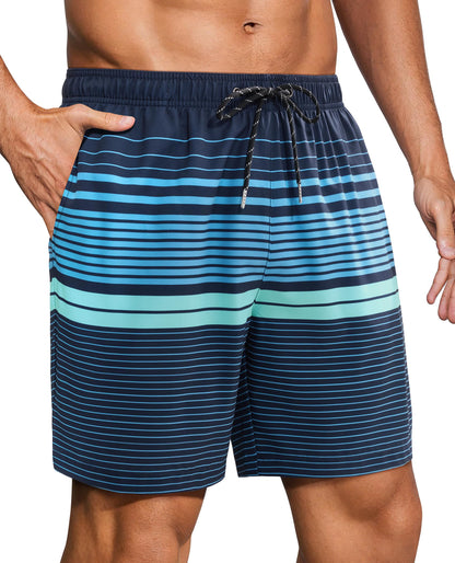 Gleeease Mens Swim Trunks 7 Inch Mens Bathing Suit with Mesh Liner 7 Inch Stretch Quick Dry Lined Pockets Drawstring Funny Beach Swimming Pool Surf Holiday Striped Large Swim Trunks