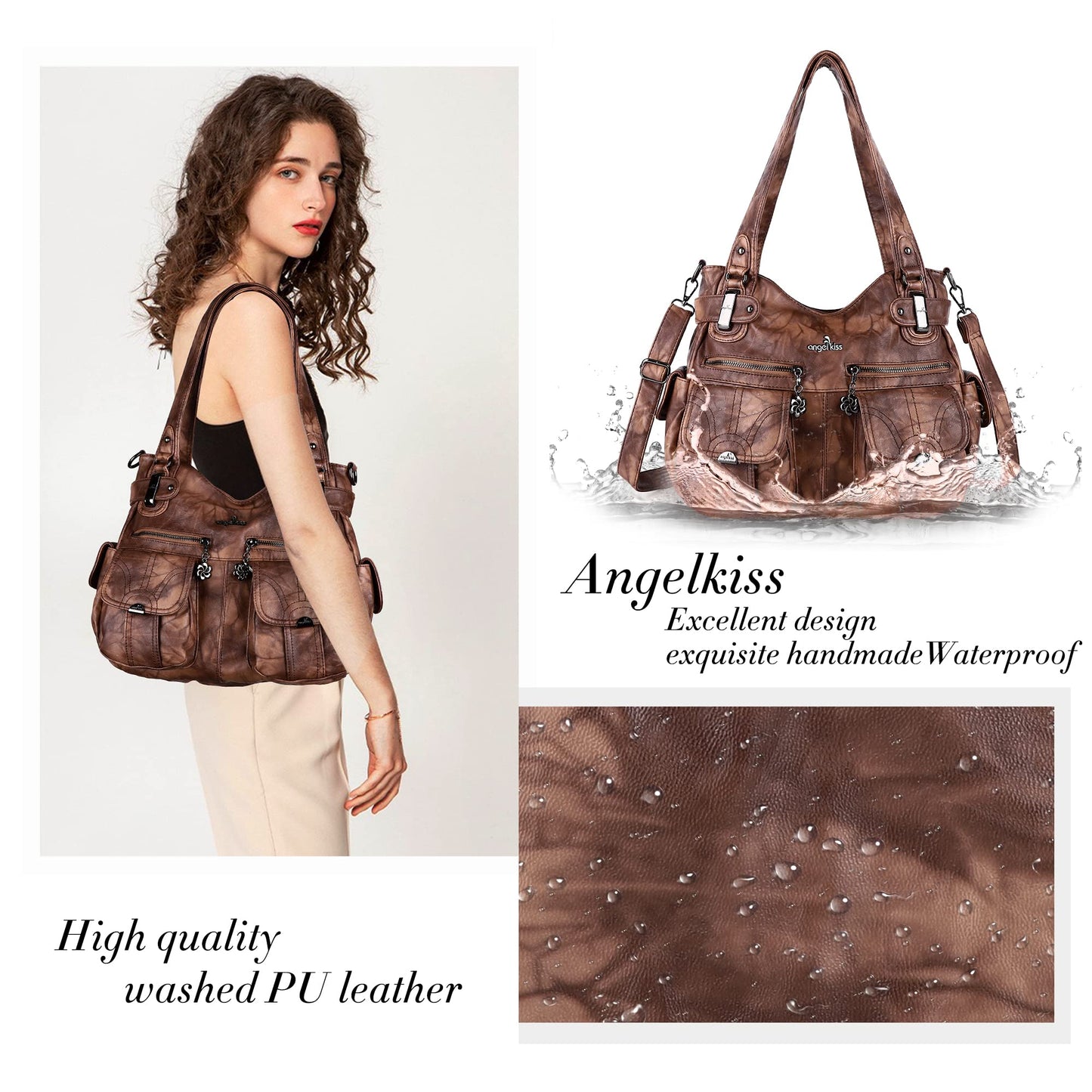 Purses and Handbags Women Tote Shoulder Top Handle Satchel Hobo Bags Fashion Washed Leather Purse (5739-1#7028# 7 BROWN)