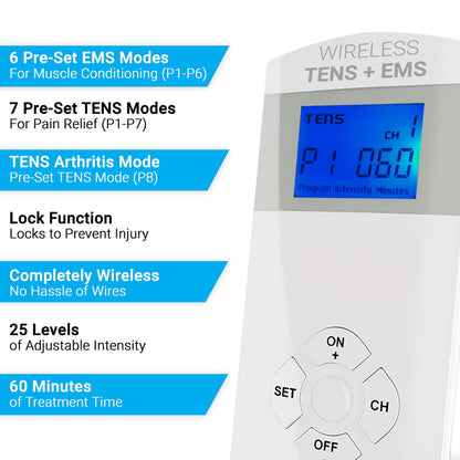 iReliev Wireless TENS + EMS Therapeutic Wearable System Wireless TENS Unit + Muscle Stimulator Combination for Pain Relief, Arthritis, Muscle Conditioning, Muscle Strength