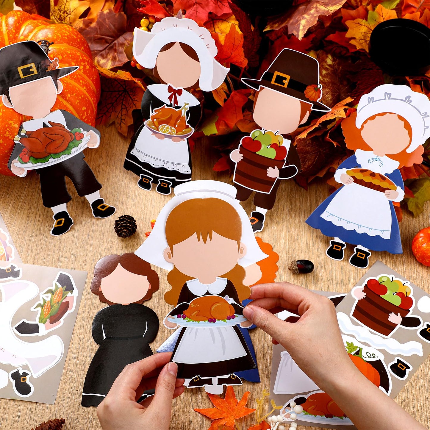 Qunclay 48 Sets Thanksgiving Pilgrim and Picture Frame Crafts Thanksgiving DIY Picture Frame Craft Kits Make Your Own Photo Kit Ornaments for Gift Supplies Home Activities Decor