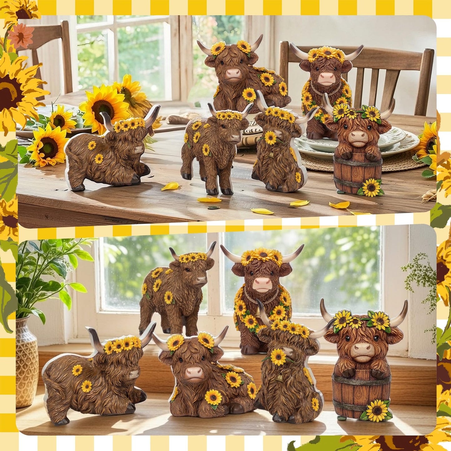 Tradder 6 Pcs Sunflower Highland Cow Table Decorations Spring Highland Cow Wooden Block Signs Farmhouse Table Centerpiece Rustic Tiered Tray Decor for Baby Shower Home Kitchen Office Desk