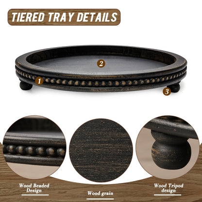 KULEDM Wooden Tray Decor, Small Beaded Coffee Table Tray Decor, Black Round Decorative Tray for Coffee Table, Dining Room Table Entryway and Living Room Table