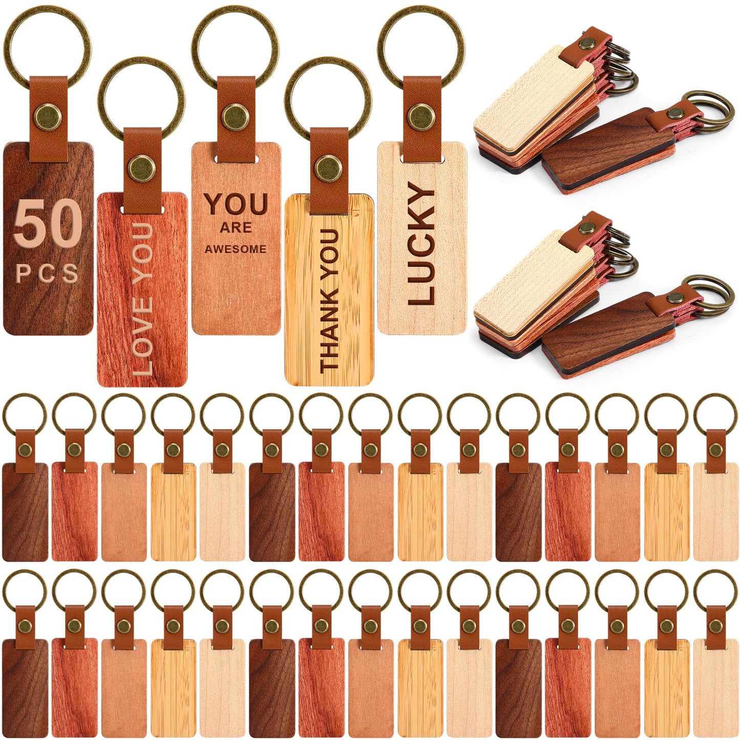 Sasylvia 50 Pcs Leather Keychain Blanks Wooden Keychain Blanks Unfinished Wood Tags with Leather Strap Keyring(White Maple, Walnut, Rosewood, Cherrywood, Bamboo)