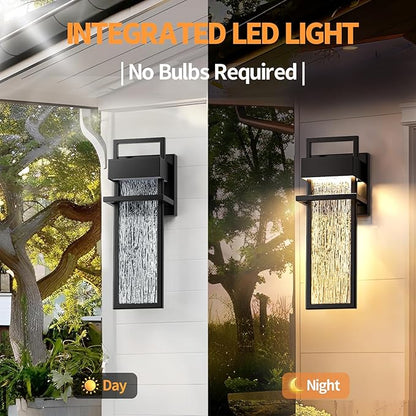15'' Outdoor Wall Lights 2 Packs, Modern Porch Light 3000K Integrated LED Outdoor Sconce, Exterior Lighting Fixtures with Rippled Glass, Waterproof Outside Lights for House Garage Patio, Black