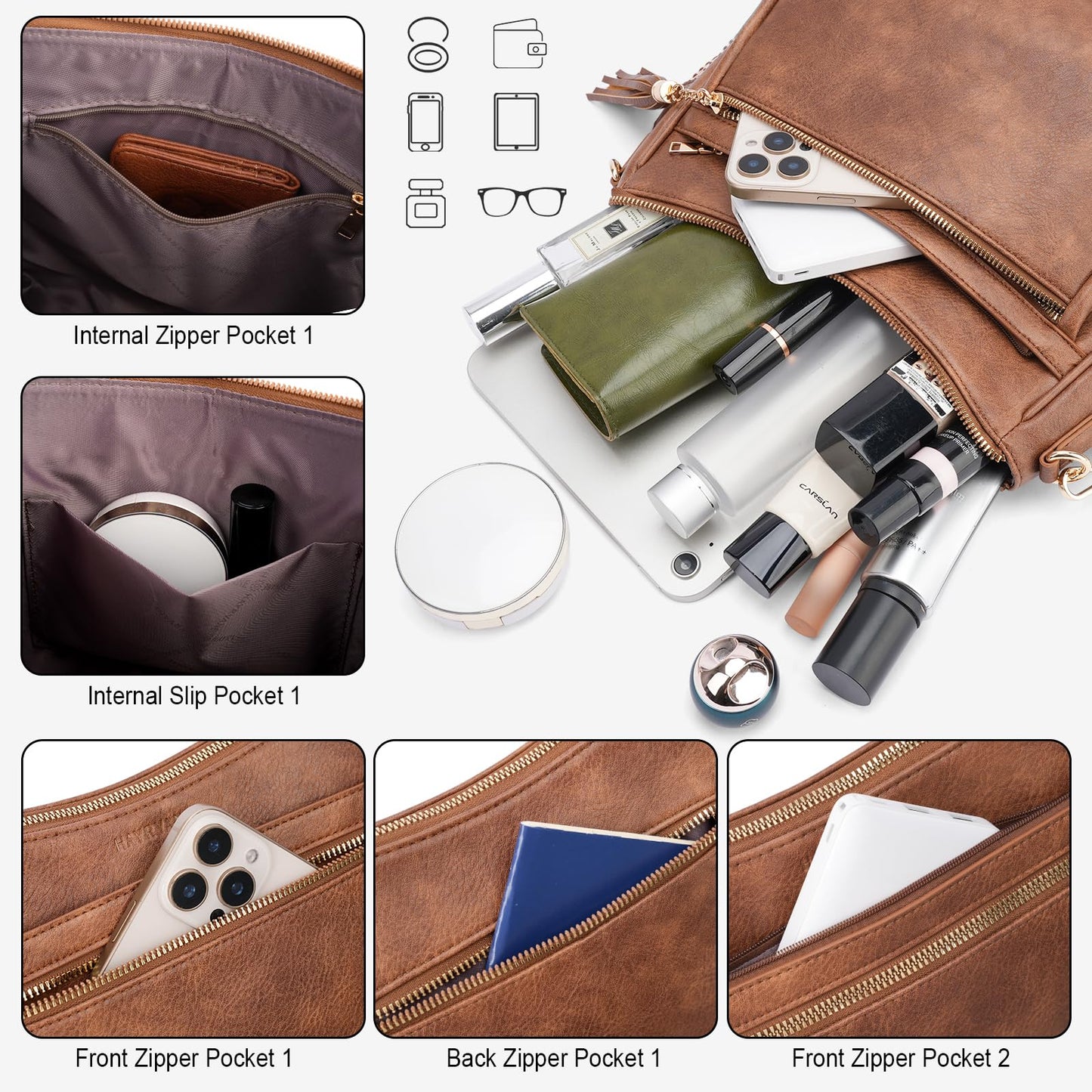 HAYRVANE Medium Crossbody Bags for Women, Vegan Leather Cross Body Purses Multi Pockets Shoulder Handbags with Tassel