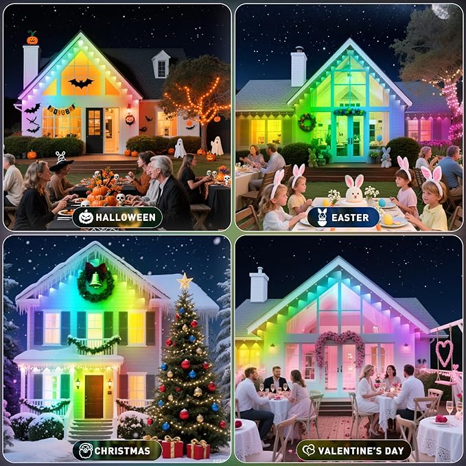 100ft Permanent Outdoor Lights,for House Roof, Christmas, Holiday, Party, Daily Lighting, IP67 Waterproof,RGB Eaves Lights with Multi Scene Modes for Halloween (500FT)