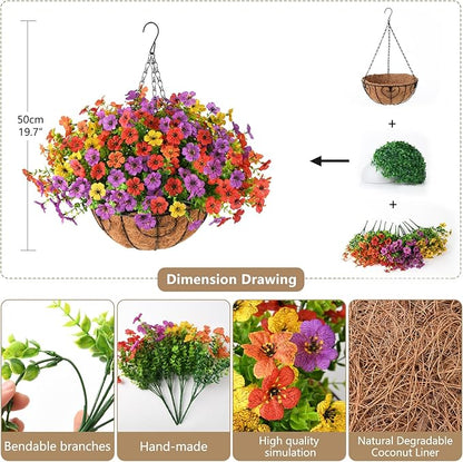 Artificial Faux Hanging Plants Flowers Basket for Spring Summer Outdoor Decoration, Fake Silk Daisy in Planter Realistic UV Resistant Look Real for Porch Home Patio Balcony Yard(Multicolor)