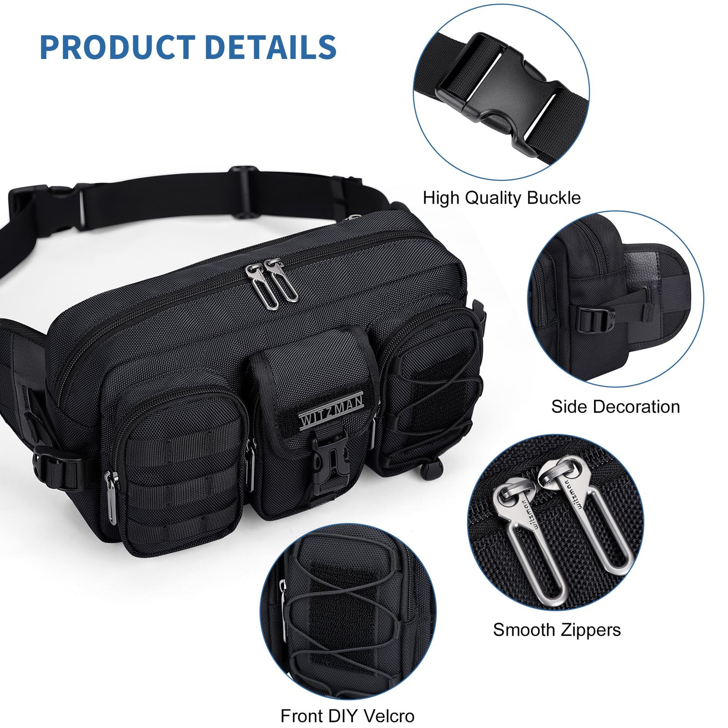 WITZMAN Fanny Pack for Men Fashion Waist Zipper Pack Bags Mens Belt Bag with Multi-pocket for Traveling Daily Walking（B733 Black）