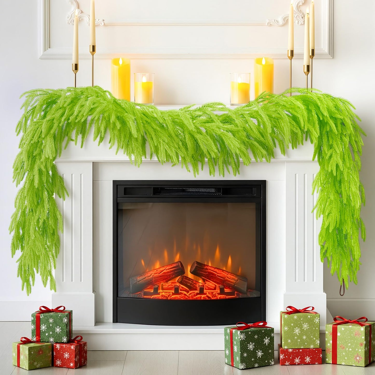 N&T NIETING Christmas Garland Norfolk Pine Garland Real Touch Artificial Christmas Lime Green Xmas Garland for Mantle,Table Holiday Fireplace Staircase Indoor Outdoor Christmas Decorations (9 FT)