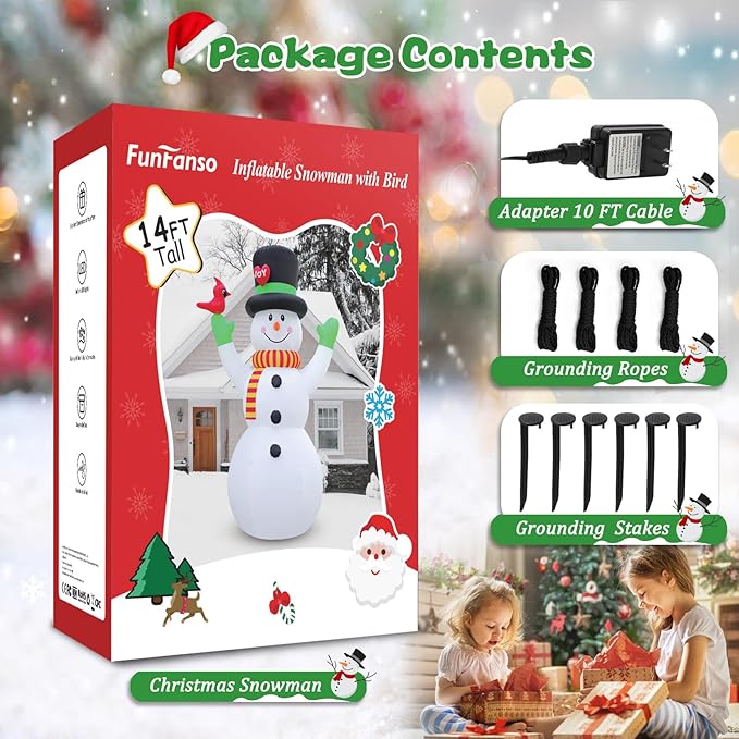 FunFanso 14 FT Christmas Inflatable Snowman with Bird, Blow Up Outdoor Decorations Built-in Bright LED Light, Giant Blow Up Snowman Wear Magic Hat Garden Yard Patio Holiday Mall Display Hall Decor
