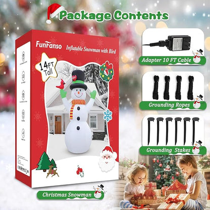 FunFanso 14 FT Christmas Inflatable Snowman with Bird, Blow Up Outdoor Decorations Built-in Bright LED Light, Giant Blow Up Snowman Wear Magic Hat Garden Yard Patio Holiday Mall Display Hall Decor