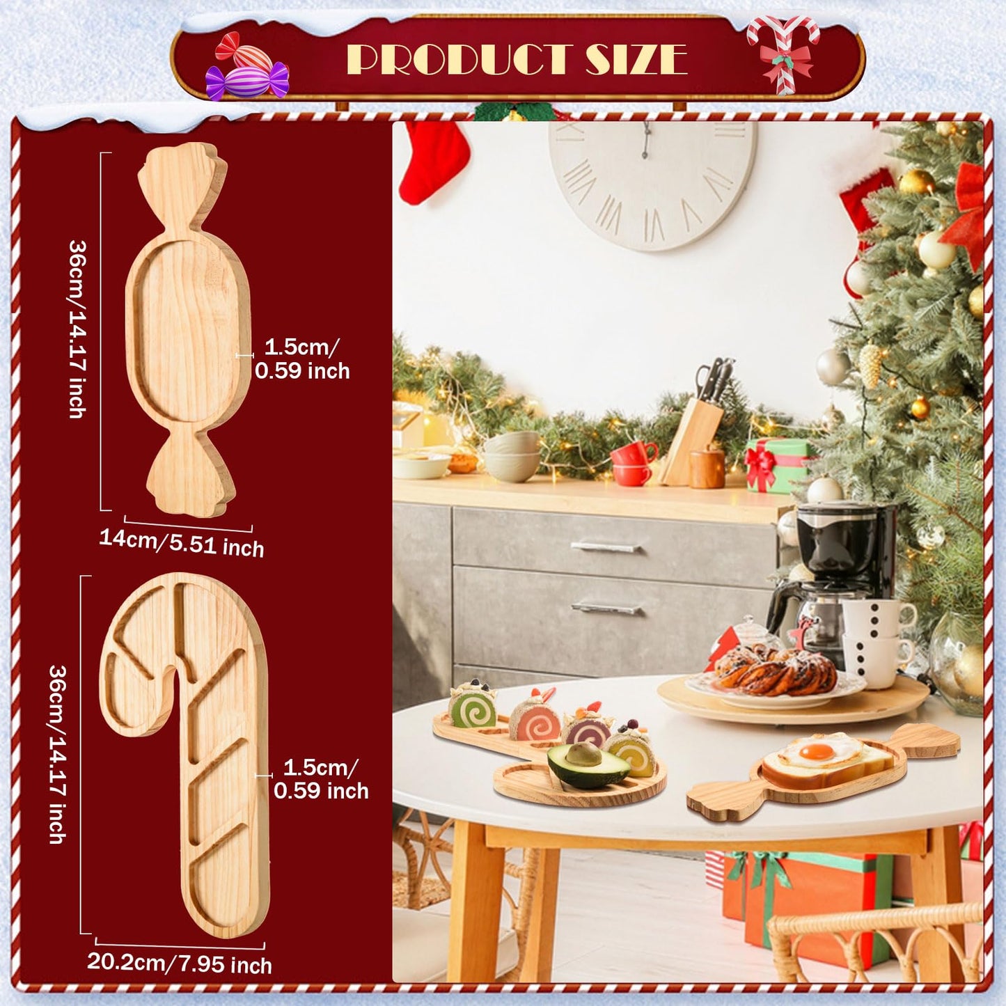 AWIZOM 2 Pcs Christmas Wooden Serving Platters Peppermint Candy and Candy Cane Charcuterie Boards Christmas Wood Trays Decorative Wooden Snack Cheese Dish Plates for Xmas Holiday Housewarming Present