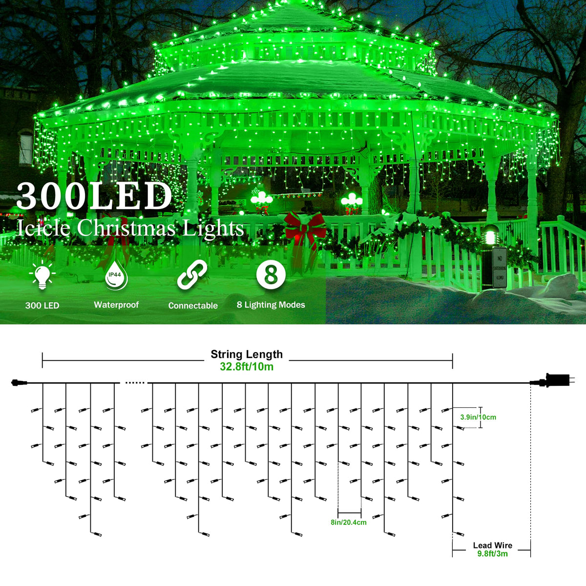 oopswow 33FT 300 LED Icicle Christmas Lights,Waterproof 8 Modes Plug in Curtain Lights with 50 Drops,Green Christmas String Lights for Indoor&Outdoor,Wedding,Party,Bedroom,Home,Wall Decorations