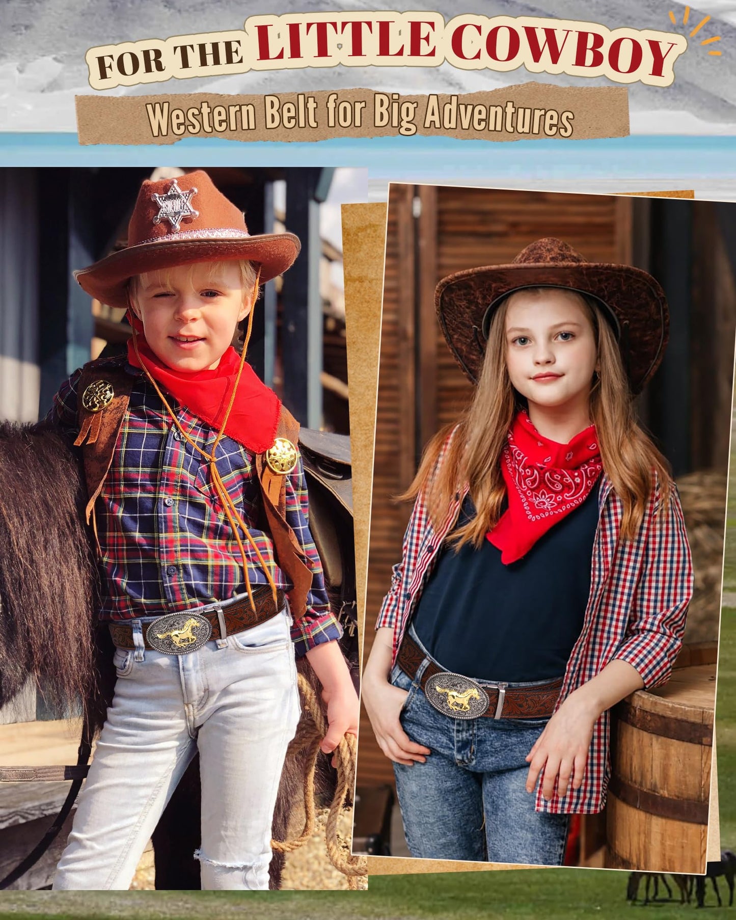 AWAYTR Kids Ratchet Western Belt - PU Leather Cowboy Belt Adjustable Toddler to Big Kid Sizes for Jeans (Gunmetal Gold Horse-Dark Brown, Fit Waist: 30.5"-35")
