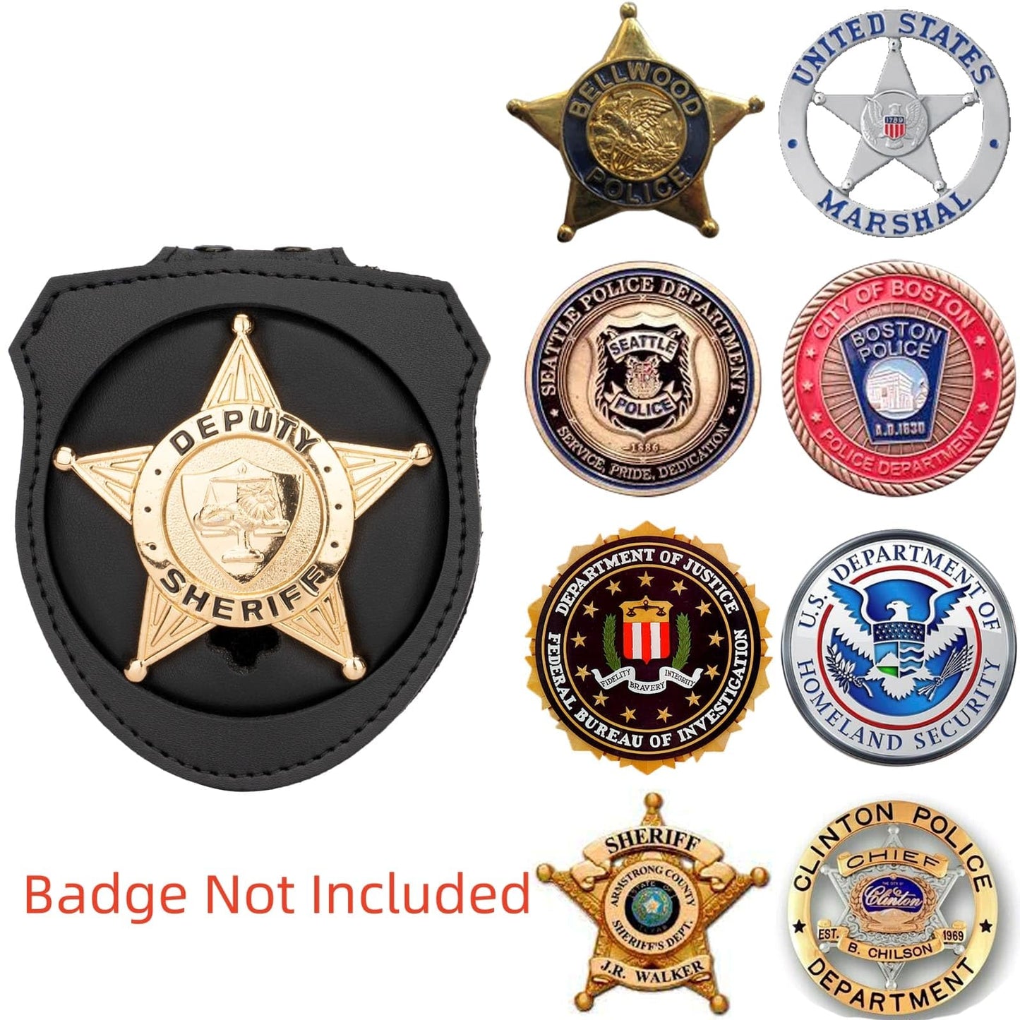 TT TYTX Police Badge Holder (Badge Not Included), Leather Universal Sheriff Badge Holder with Belt Clip, Hook and Loop Closure and Round Neck Stainless Steel Chain (Circle 2.7 Inch)