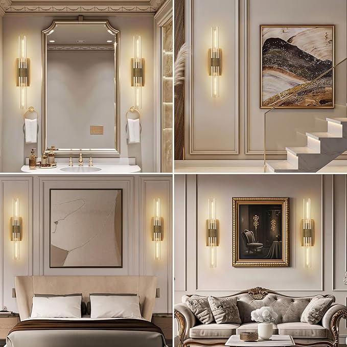 Wall Sconces, 22.8" Gold Bathroom Sconces Wall Lighting with Clear Glass, Modern Sconces Wall Decor Brass Light Fixtures for Bathroom Mirror Living Room Hallway Bedroom