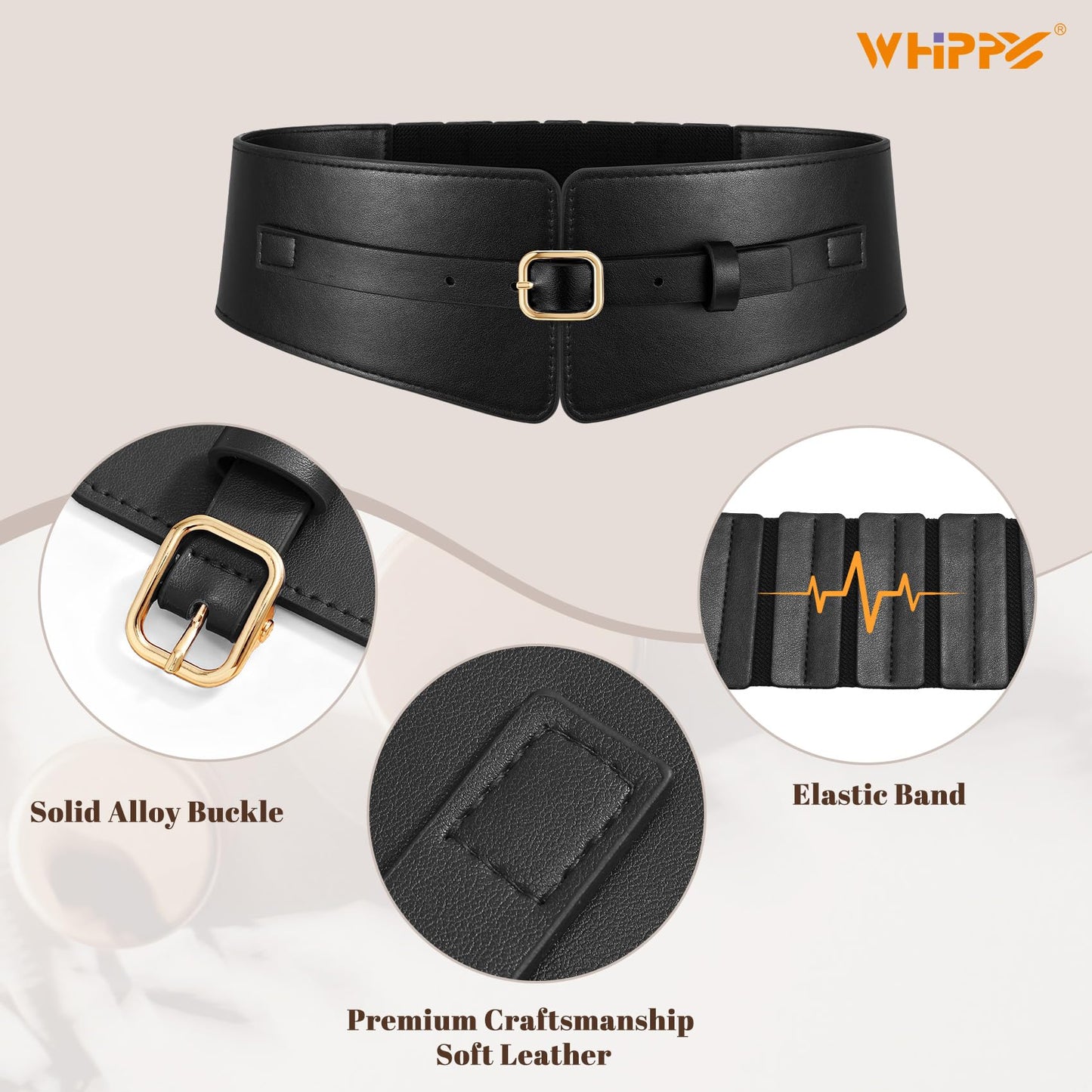 WHIPPY Women Wide Elastic Waist Belt Wide Leather Stretch Belt Fashion Ladies Waistband for Dresses, Black, M