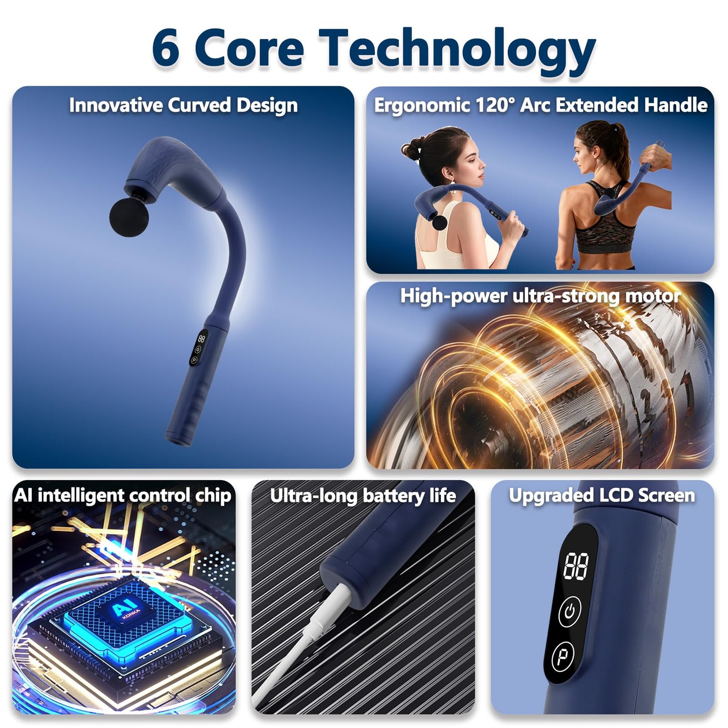 Massage Gun with Upgraded Extension Handle, Back Massager for Pain Relief Deep Tissue, Muscles/Neck/Shoulders/Waist/Legs Massager with 4 Massage Heads & 6 Speed Levels & 3 Massage Modes