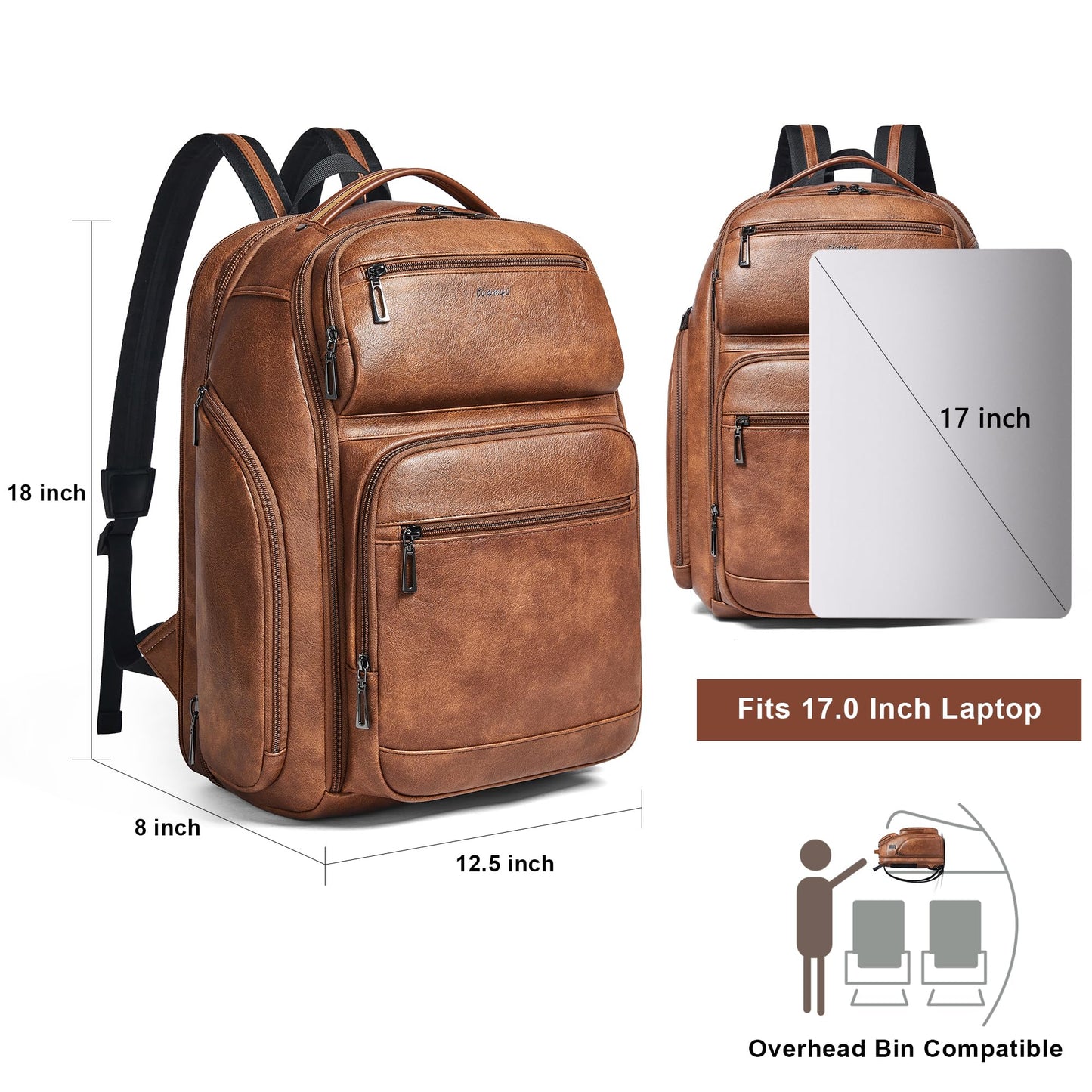 tiamyi Vegan Leather Backpack, 40L Expandable, TSA Travel Backpack for Men and Women, Fits 17.0 Inch Notebook with Luggage Strap and USB Port, Brown