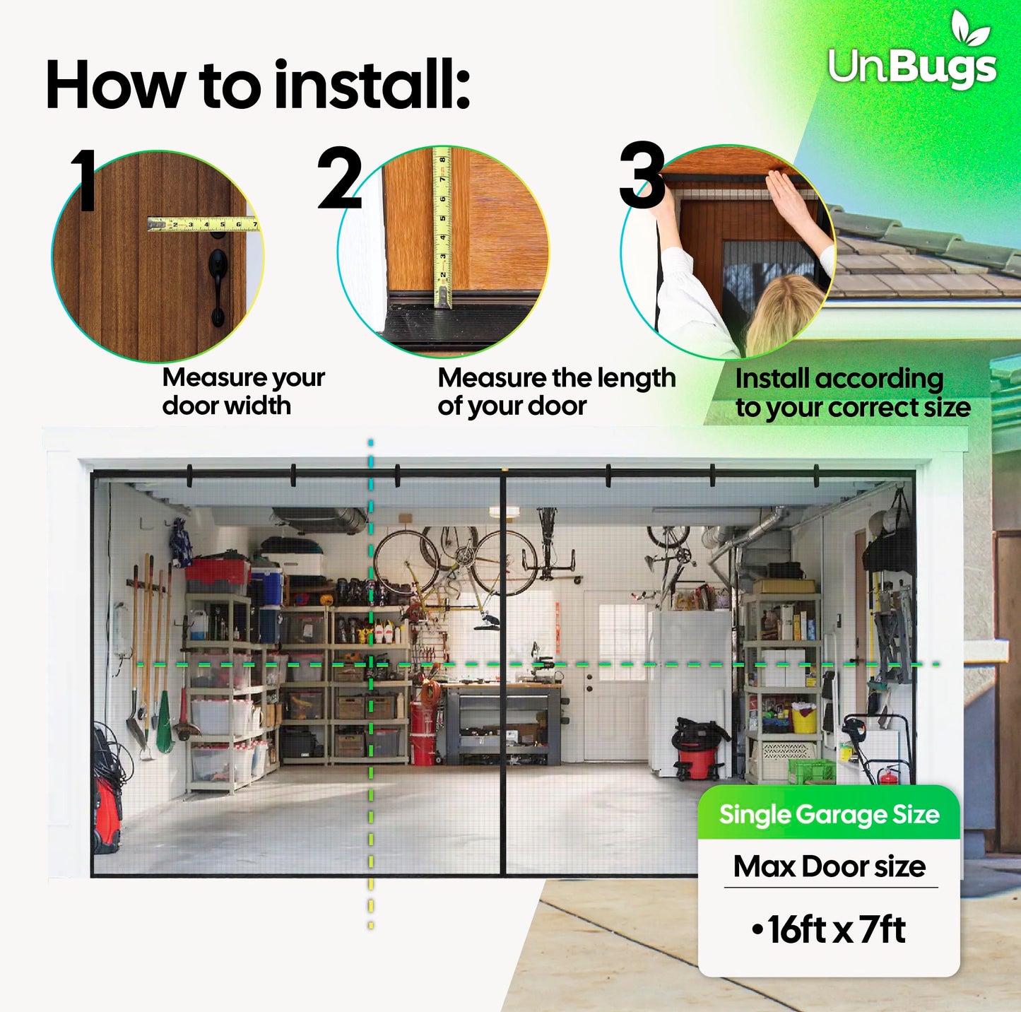 UnBugs Garage Screen Doors for 2 Car Garage - Fits Double Garage Doors up to 16 Feet Wide x 8 Feet Tall MAX- Pet & Kid Friendly, Self-Closing - Hands Free Magnet Closure Keeps Bugs Out & Breeze in