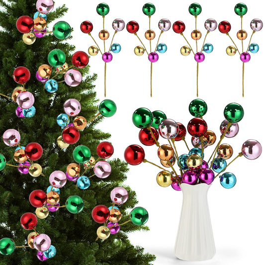 Suncalla 4 Pcs Christmas Tree Ball Floral Pick and Spray 15 Inch Multicolored Plastic Ball Branches Glossy Shapeable Stems Xmas Shatterproof Decor for Vase Tree Topper Wreath Garland Holiday Party