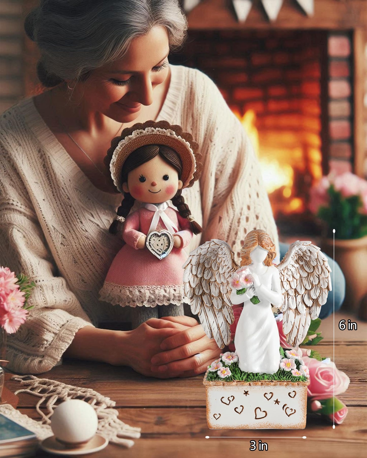 GoGnome Angelic Embrace - Resin Angel Figurine with Bouquet and Heart Accents Decorative Base - A Gift to Express Unwavering Love, Remembrance, Sympathy, Comfort Healing for Women Girls (Angel)