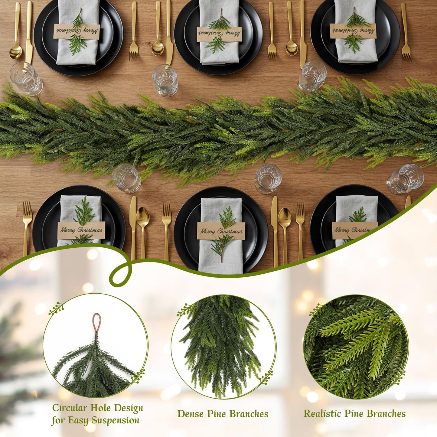 N&T NIETING 12FT Christmas Norfolk Pine Garland Real Touch Pine Artificial Garlands Faux Greenery Garland Winter Christmas Garland for Table Mantle Fireplace Indoor Outdoor Xmas Decorations (1 Pcs)