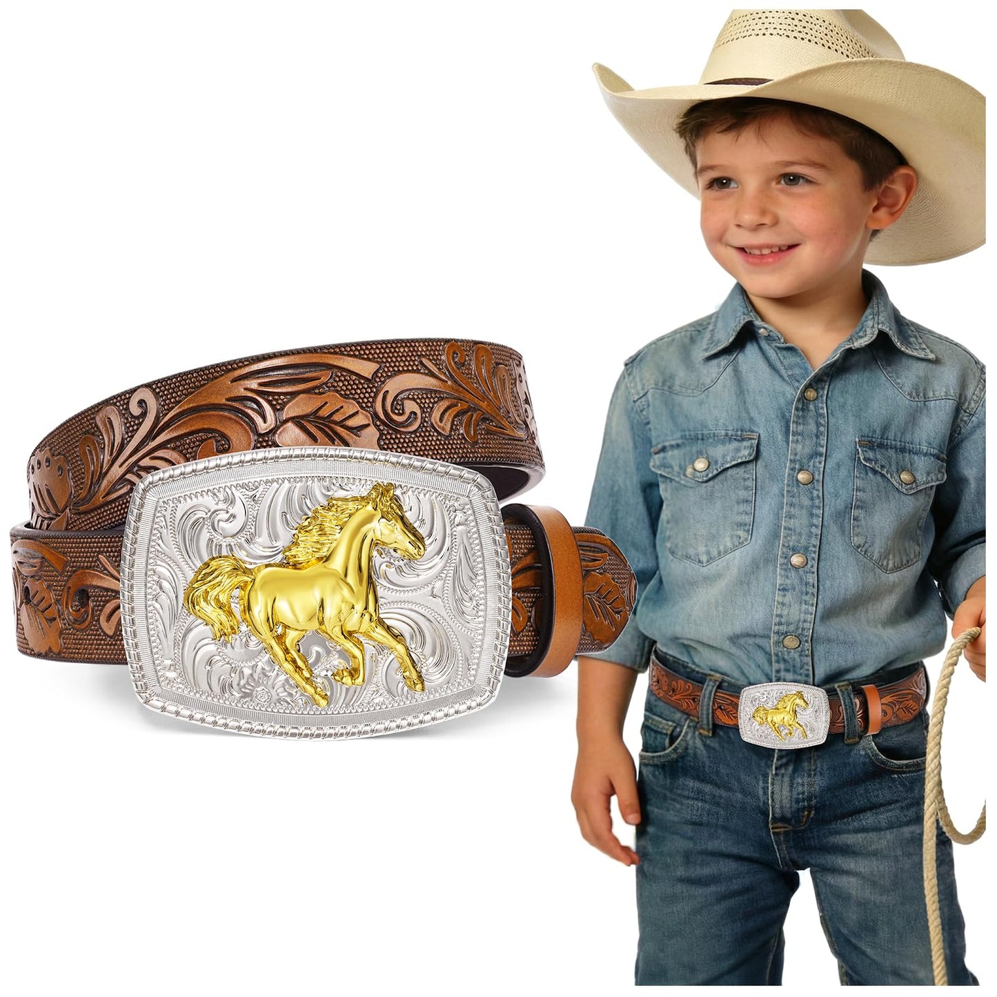 JKEEMI Kids Western Belt, Boys Girls Cowboy Belt for Kids with Detachable Square Buckle and Genuine Leather for Jeans Gifts