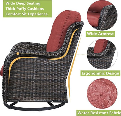 Rilyson Wicker Patio Furniture Set - 4 Piece Rattan Outdoor Sectional Conversation Sets with 2 Swivel Rocking Chairs,2 Ottomans for Porch Deck Garden(Brown/Red)