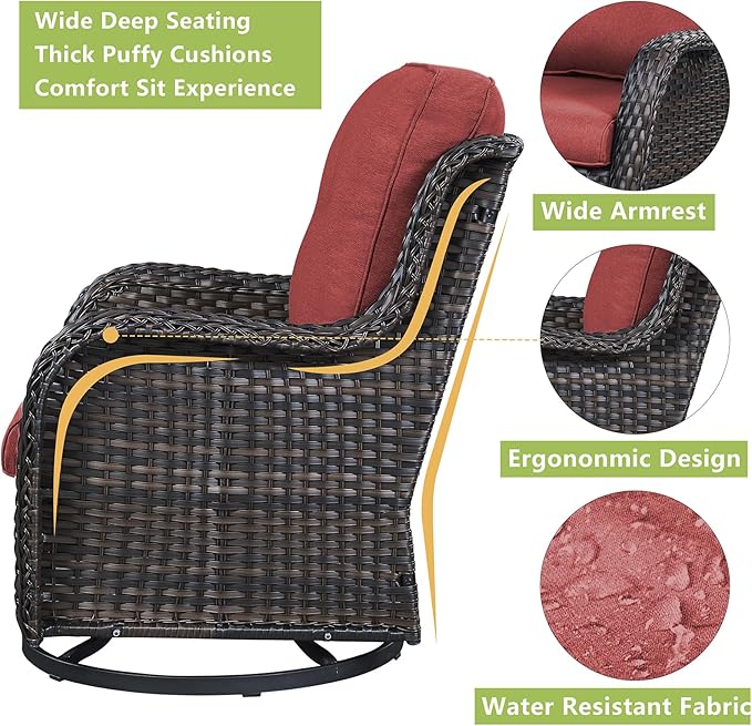 Rilyson Wicker Patio Furniture Set - 5 Piece Rattan Outdoor Sectional Conversation Sets with 2 Rocking Swivel Chairs,2 Ottomans and 1 Loveseat for Porch Deck Garden(Brown/Red)