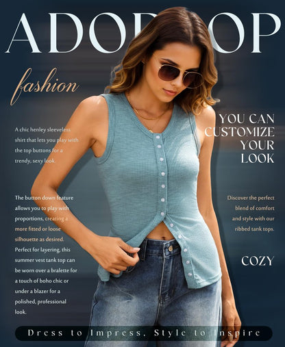 ADORPOP Ribbed Tank Tops for Women - Sleeveless Blouse Crew Neck Button Down Vest Shirts Slim Fit Summer Casual Basic Top Blue Medium