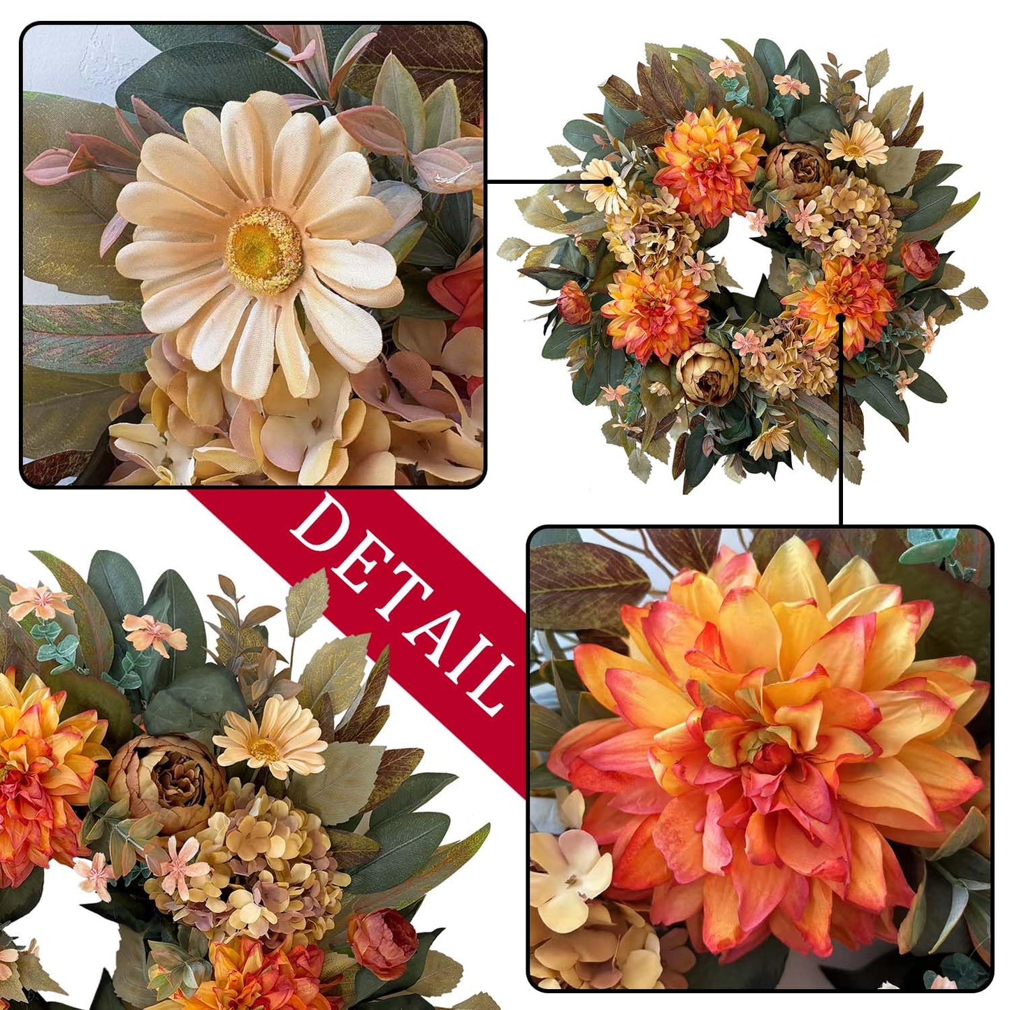 WANNA-CUL 24in Fall Front Door Wreath Dahlia Hydrangea Peony Table Decor