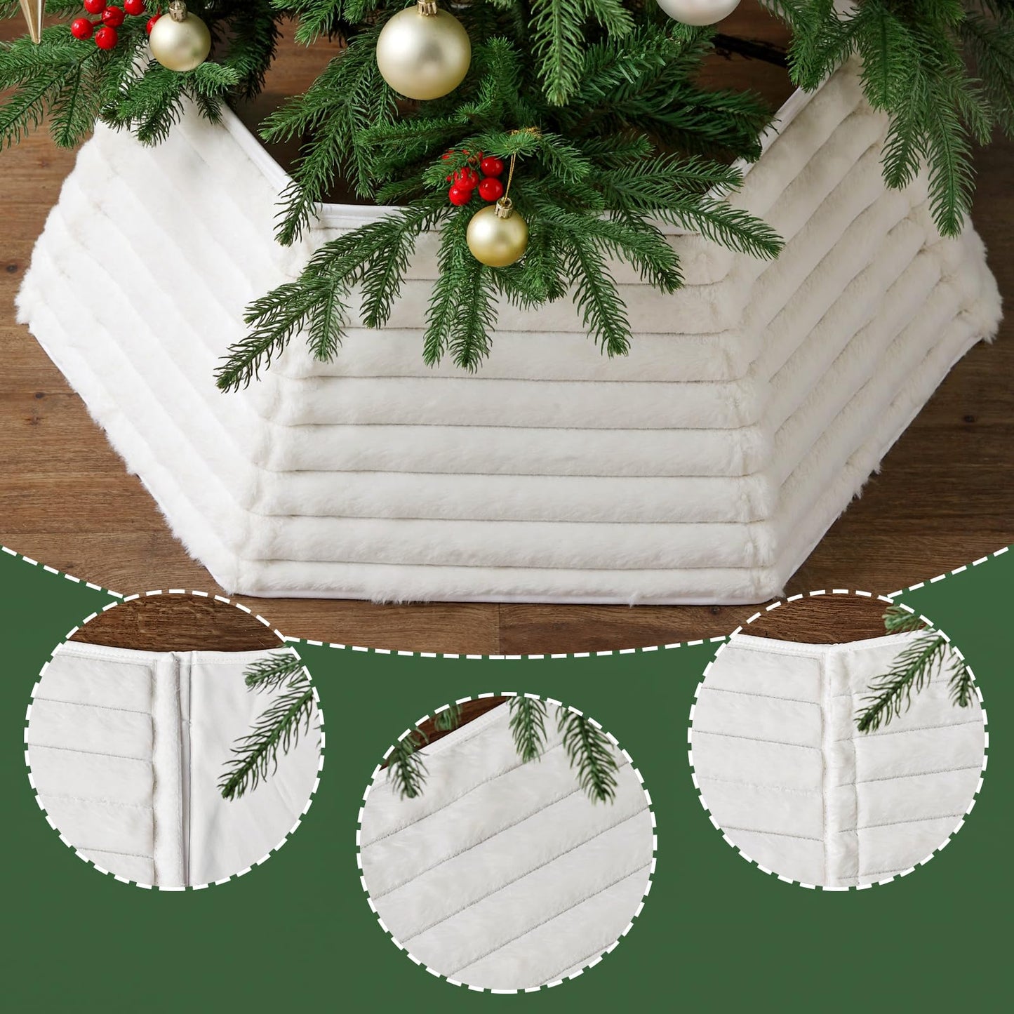 Christmas Tree Collar, 6 Panels Foldable White Luxury Plush Faux Fur Tree Ring, Thick Horizontal Stripe Textured Christmas Tree Base Cover, Soft Tree Skirt for Holiday Decorations Xmas Home Decor Boho