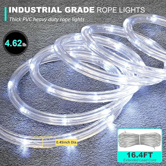 118 FT 480 LED Rope Lights for Outside, 0.45IN Dia. Rope Light Plug in Waterproof Outdoor String Lights for Garden, Tree, RV, Patio, Holiday Decoration, Party (Cool White)