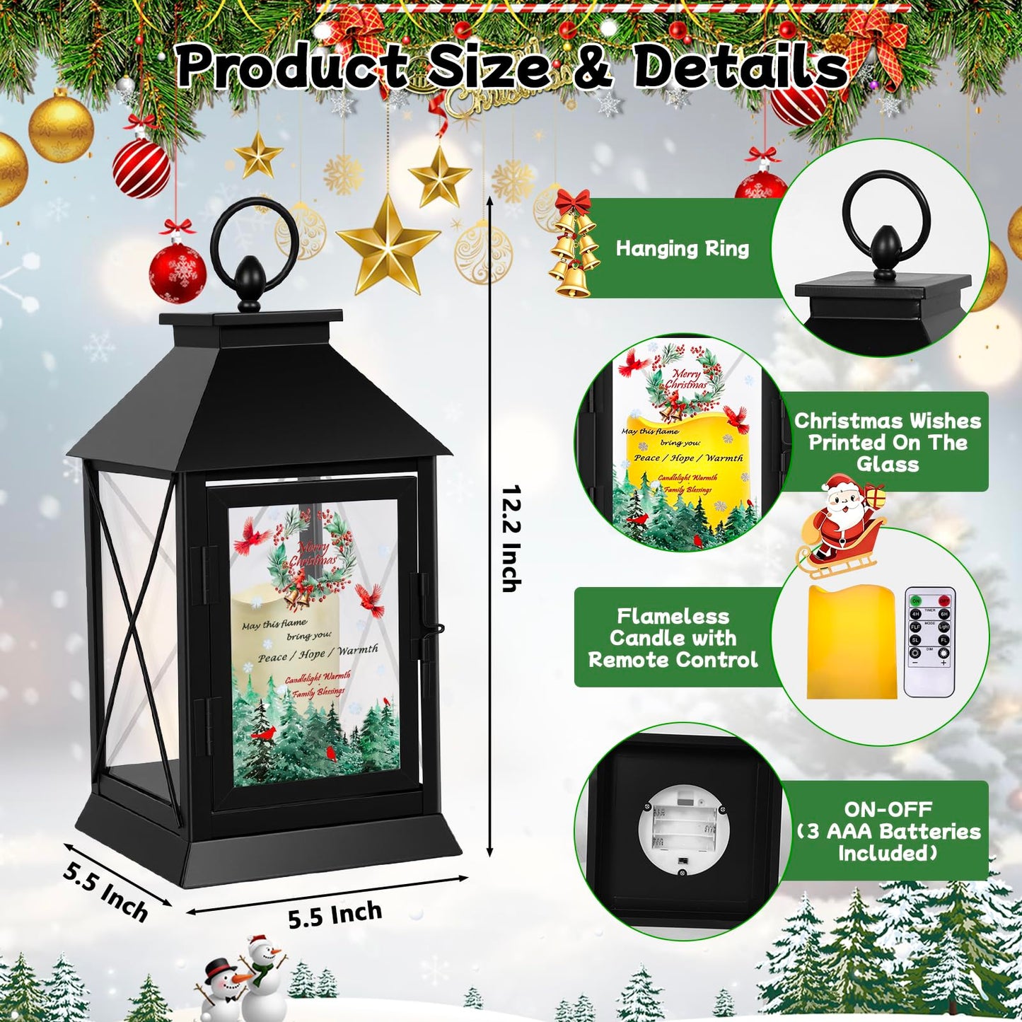 Christmas Candle Lantern Metal with LED Flickering Flameless Candles Light Xmas Decoration Lantern Indoor Outdoor Decorative for Table Home Decor Party Gift (Christmas)