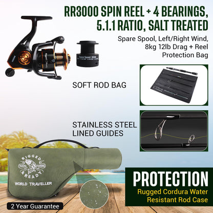 Rigged and Ready World Traveller Rod Reel Case Combination + 2 Tips 215+190cm (7'+6'3") Angling Travel Pole. Bait Carp Pike Spinning Rod for Freshwater Saltwater Sea Fishing