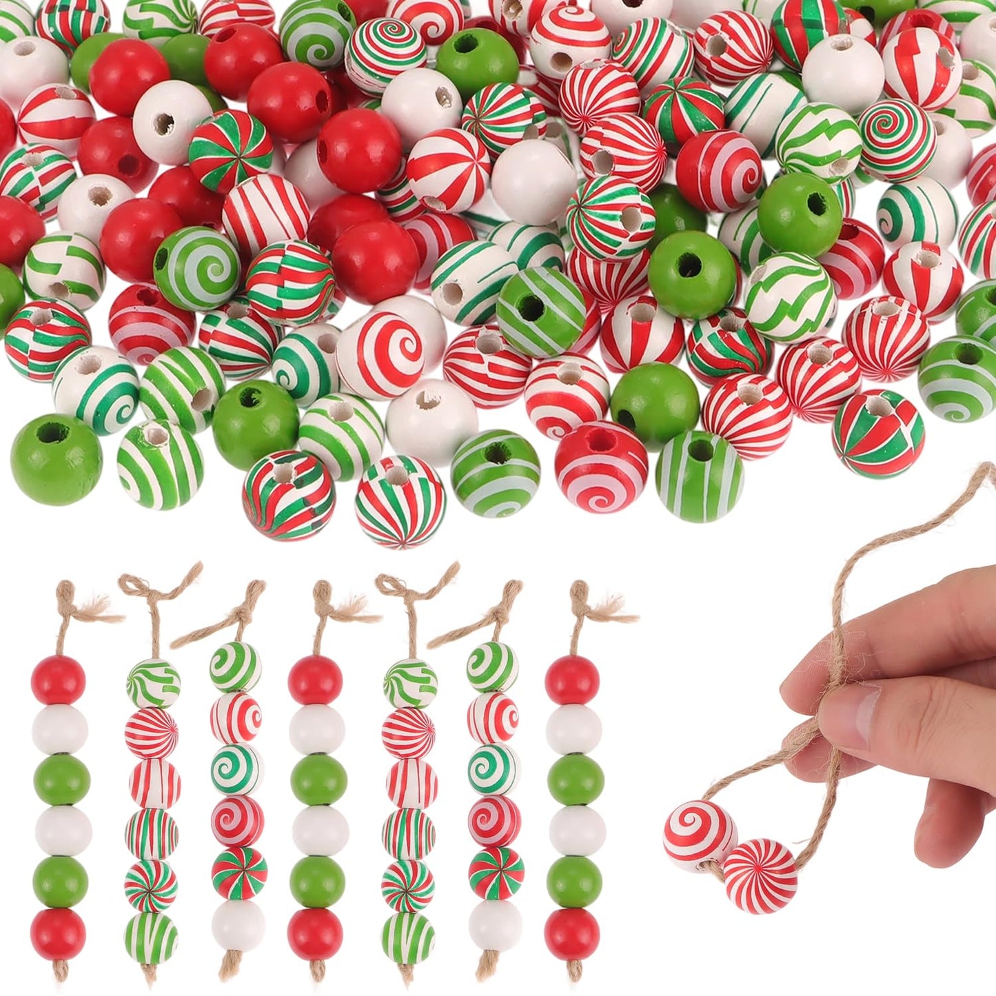 180 Pcs Christmas Wooden Beads Xmas Red Green Round Wood Beads Peppermint Candy Canes Crafts for DIY Garland Jewelry Making Party Tree Hanging Home