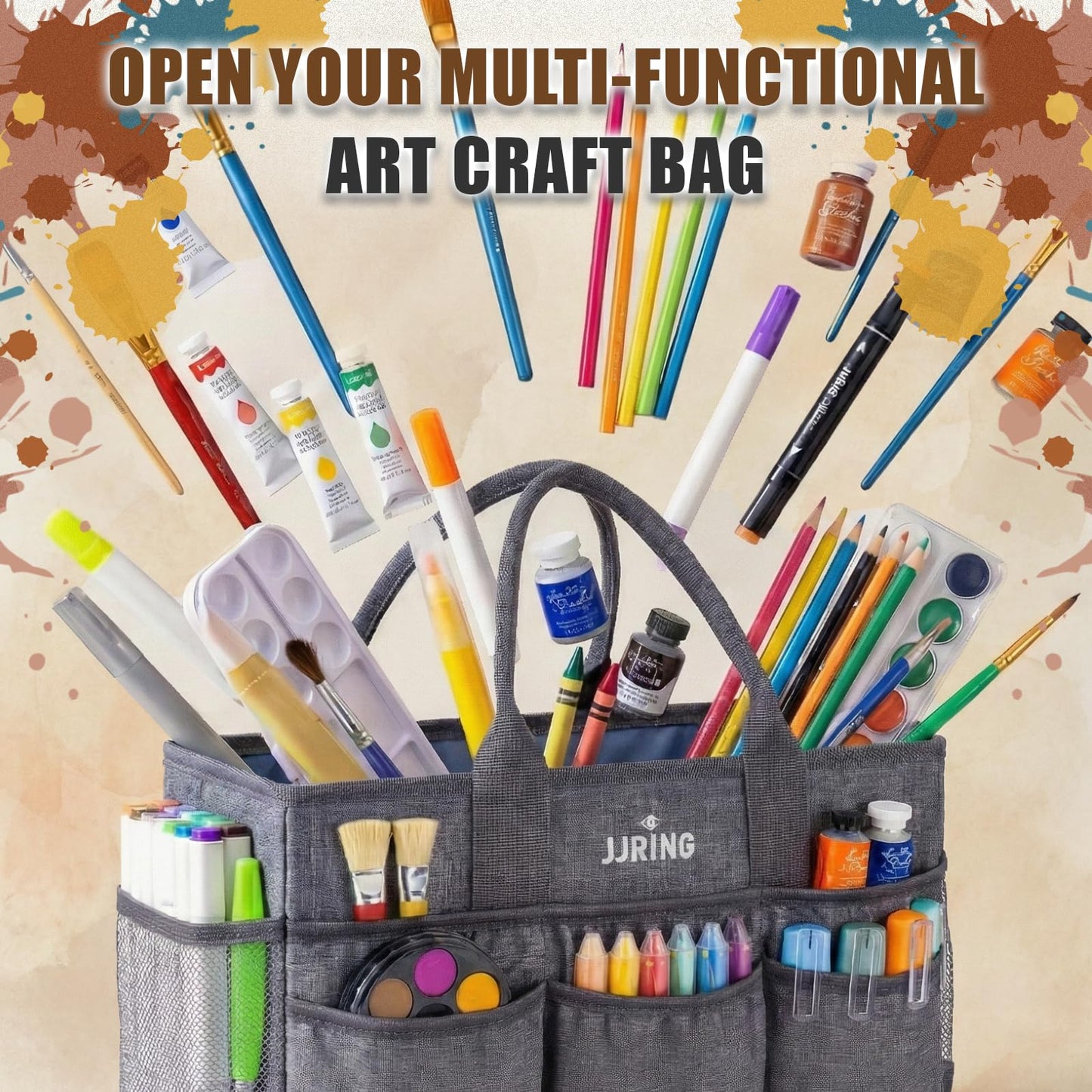 JJRING Large Art Supply Storage Tote Bag With 2 Mesh Side Pockets & Front Elastic Pockets – Sturdy Craft Organizer Caddy with Reinforced Bottom For Sewing, Scrapbooking, Teachers & Artists(Grey)