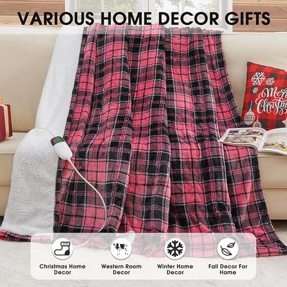 Pink Heated Blanket Electric Throw, 50X60, Heating Throw with 10 Levels & 8 Hours Auto Off, Plaid Checkered Sherpa Blanket Warmer Gifts for Women Mom Trendy Teen Girl, Home Decor for Living Room