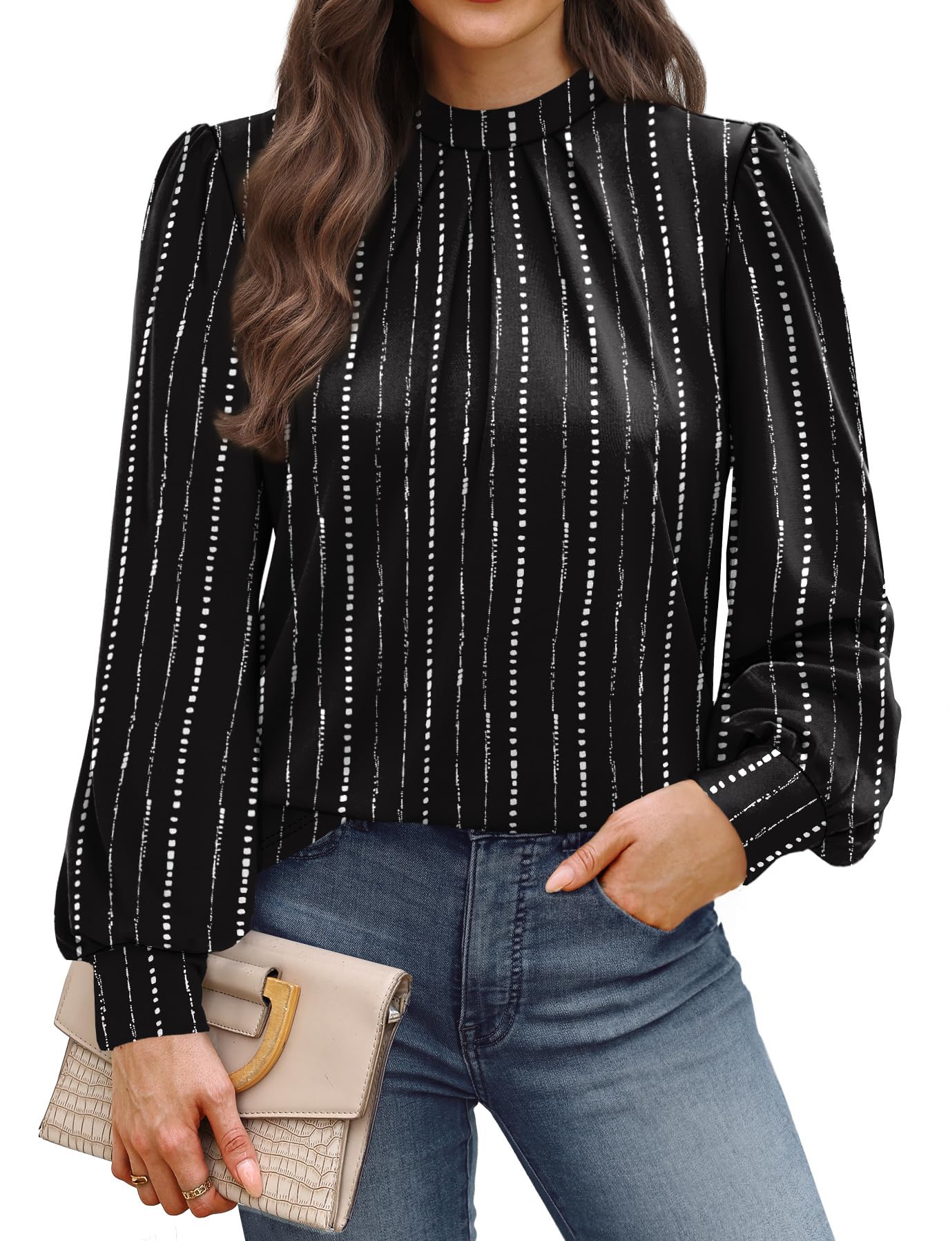 WIHOLL Long Sleeve Shirts for Women Mock Neck Tops Pleated Front Blouses Dressy Casual Fall Clothes 2025 Fashion