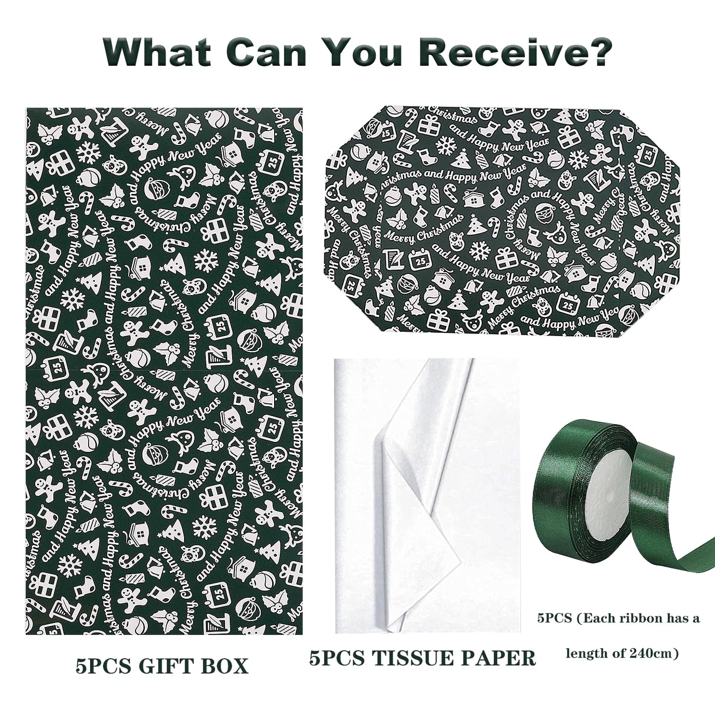 Jaywayang 5 Pack Green Christmas Gift Boxes with Lids, Ribbons and Tissue Papers Square Gift Boxes - 7.1 Inch - Presents Wrapping Christmas Gift Holiday New Year Party Favor Boxes.